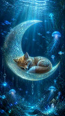 a sleeping baby fox curled on a crescent moon among soft stars, gentle and warm, no text
