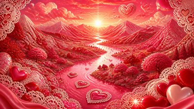 a vast valley with a river winding toward distant mountains at sunrise, no people, no text