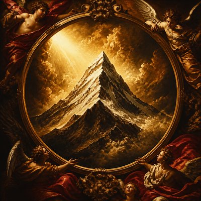 an emblem of a mountain peak inside a circle, simple bold shapes on a plain background, no text or lettering