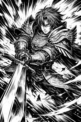 a black and white drawing of a person holding a sword