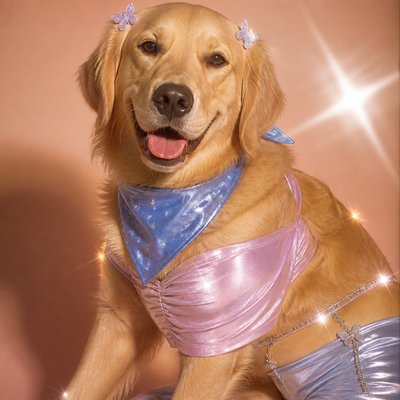 portrait of a golden retriever wearing a blue bandana, warm plain backdrop, no text