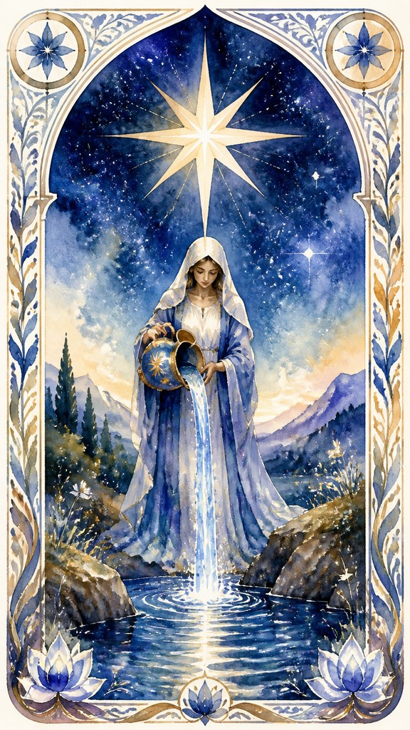 a robed figure pouring water beneath a large eight-pointed star in a night sky, symmetrical composition with an ornate decorative border, no text