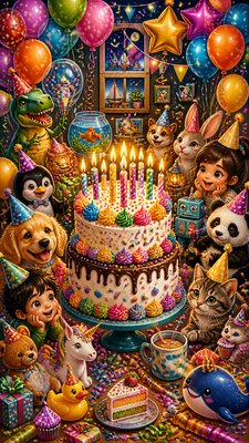 a birthday cake with lit candles surrounded by balloons and confetti, festive vertical composition, no text
