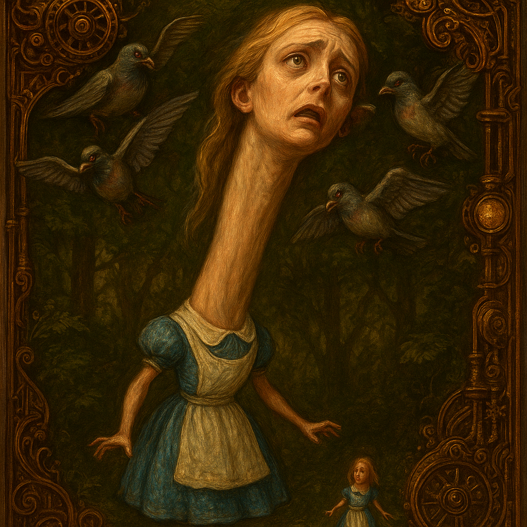 Alice, wearing her blue dress, looking distressed, with her neck stretched impossibly high, vanishing into the foliage above. Her head emerges far above the trees of the Wonderland forest. A flock of angry Pigeons fly around her immense face, one landing on her ear and pecking at it, mistakenly believing her to be a serpent trying to steal their eggs. Below, the tiny, disoriented body of Alice stands near the base of the massive neck. Whimsical, detailed oil painting, saturated colors, storybook illustration by John Tenniel crossed with Salvador Dali, high contrast lighting.