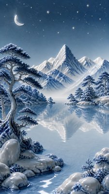 a tranquil mountain lake beneath a starry night sky, no people, no text