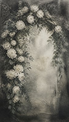 an arch of white roses and eucalyptus in soft morning light, elegant vertical composition with open space, no text
