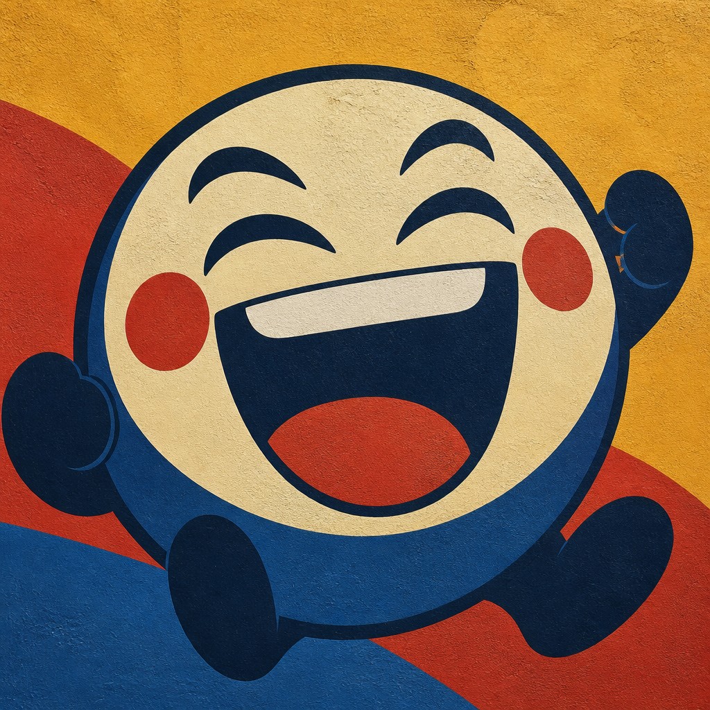 an exaggerated laughing face of an original round mascot character, bold and readable at small size, plain background, no text