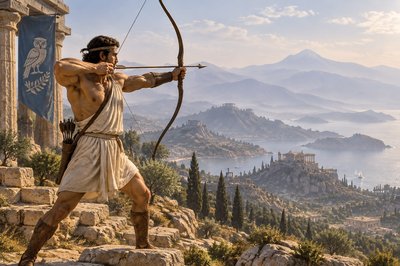 an ancient greek athlete shooting an arrow with his bow