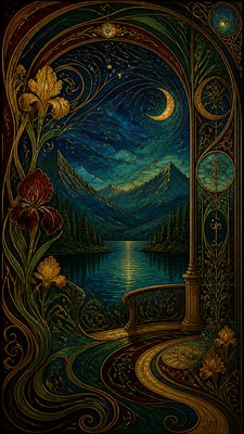 a tranquil mountain lake beneath a starry night sky, no people, no text