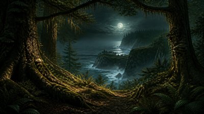 a moonlit coastline with cliffs and crashing surf, no people