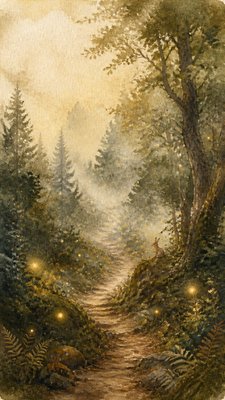 a mysterious forest path with fireflies and drifting mist, atmospheric vertical composition with open space at the top, no text