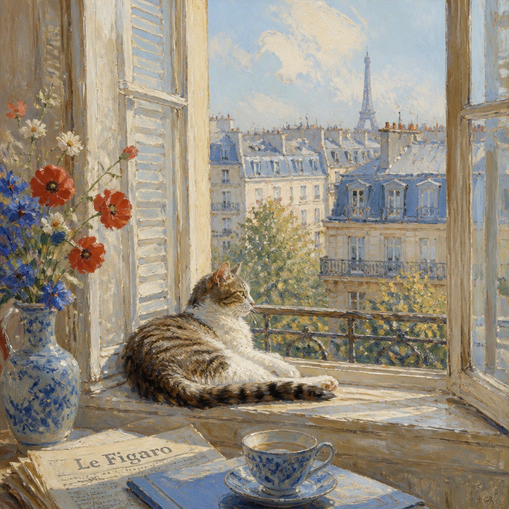a cat lounging in a sunlit window — French Art Style