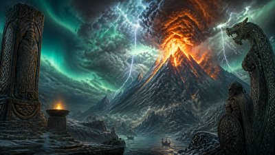 an erupting volcano with lightning strikes, dramatic wide composition, no text