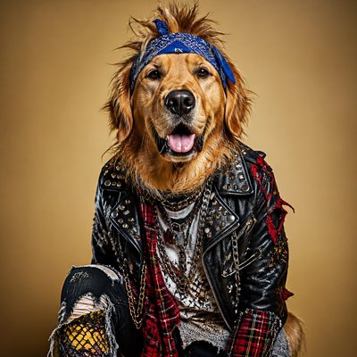 portrait of a golden retriever wearing a blue bandana, warm plain backdrop, no text