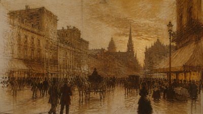 bustling city street panorama at dusk