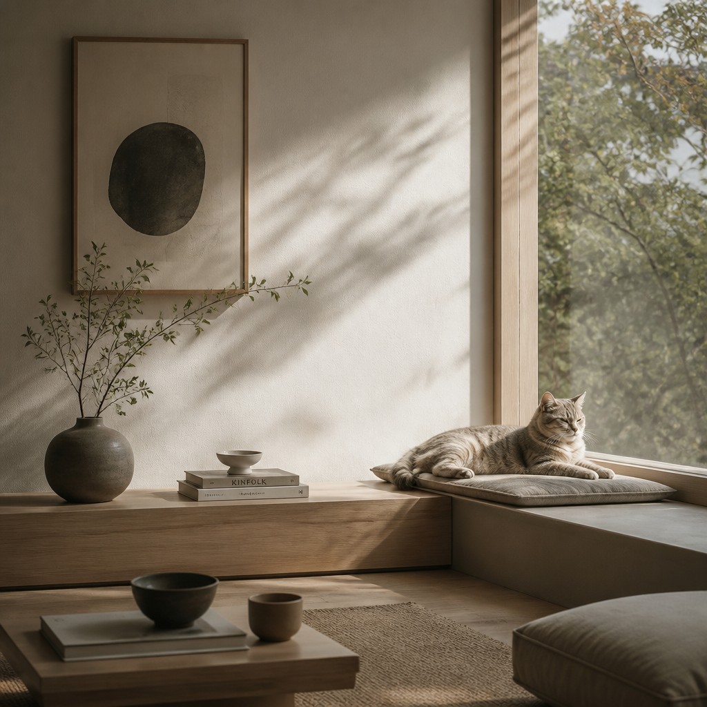 a cat lounging in a sunlit window — Japandi Aesthetic