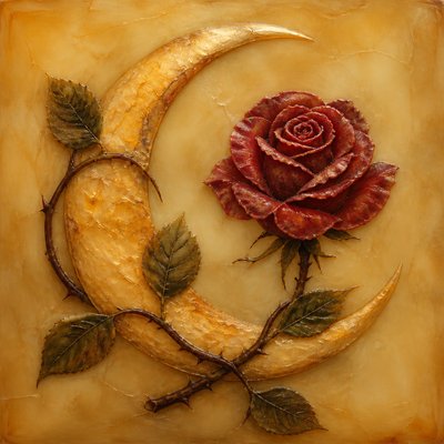 a rose entwined with a crescent moon, clean balanced composition on a plain background, no text