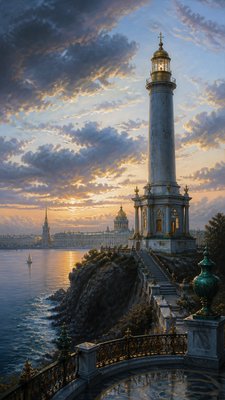 a lone lighthouse on a cliff at dusk under a dramatic sky, no text or lettering