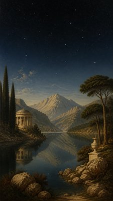a tranquil mountain lake beneath a starry night sky, no people, no text