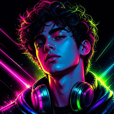 head-and-shoulders portrait of an original character: a young man with curly dark hair and headphones around his neck, plain backdrop, no text