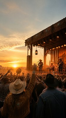 a live music scene with a glowing stage and silhouetted crowd, energetic vertical composition with open space at the top, no text