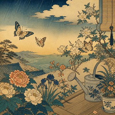 a garden scene with butterflies, flowers and a watering can, clean uncolored line art, no text