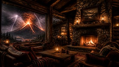an erupting volcano with lightning strikes, dramatic wide composition, no text