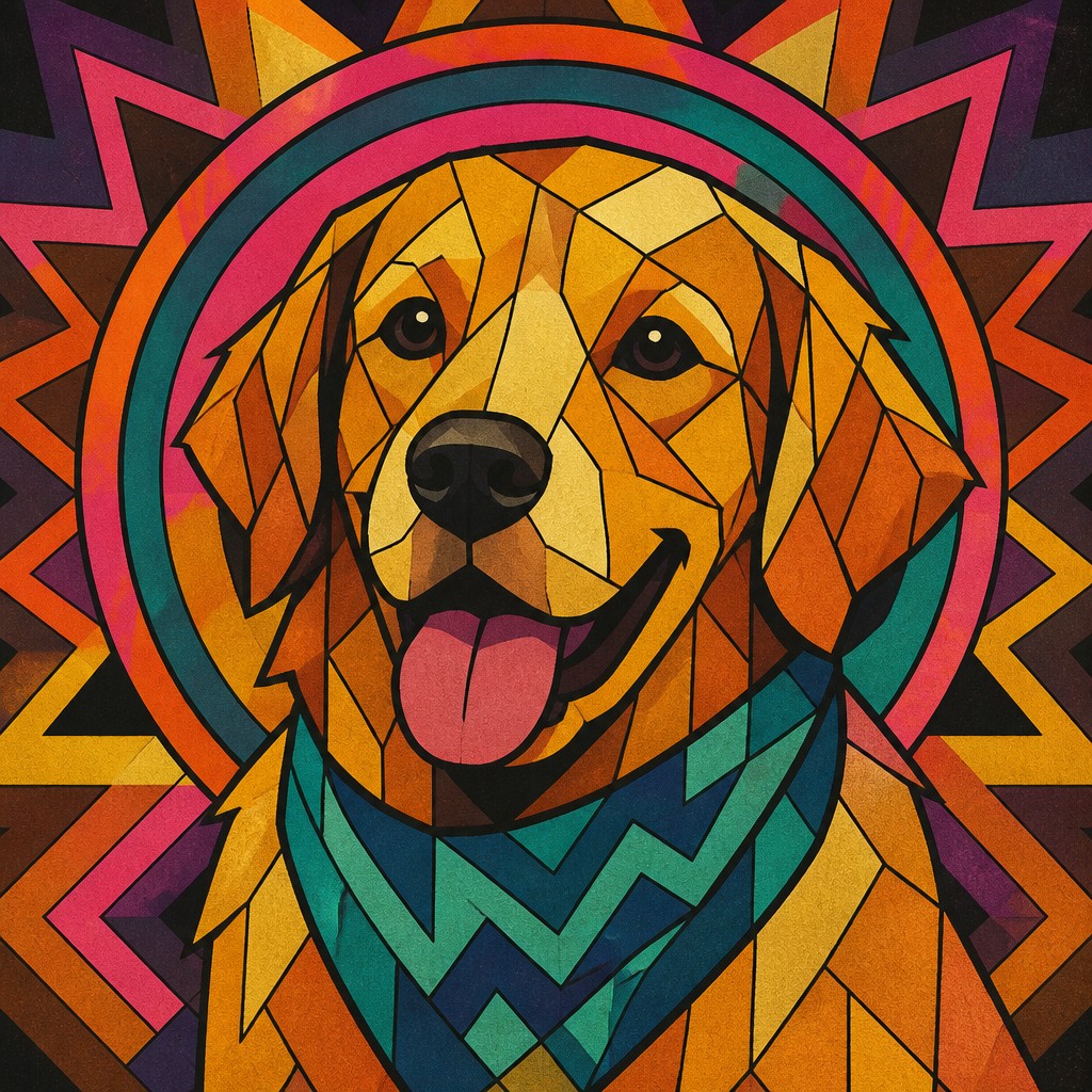 portrait of a golden retriever wearing a blue bandana, warm plain backdrop, no text