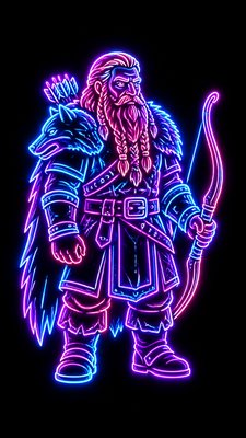 full-body original character: a dwarven ranger with a braided auburn beard, worn leather armor, a longbow and a wolf-pelt cloak, neutral background, no text