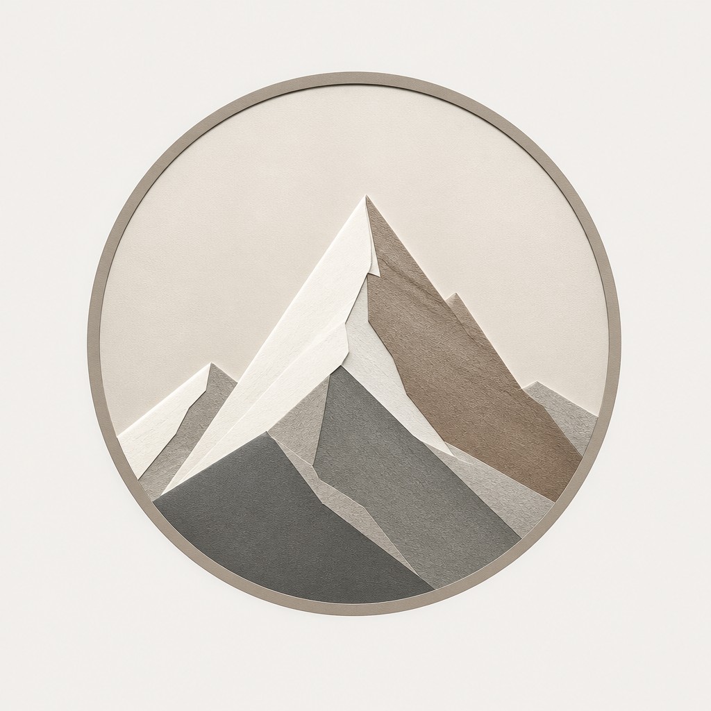 an emblem of a mountain peak inside a circle, simple bold shapes on a plain background, no text or lettering