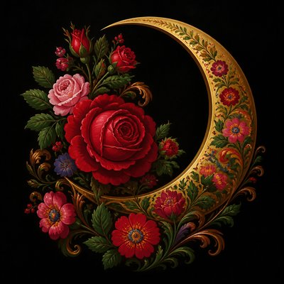 a rose entwined with a crescent moon, clean balanced composition on a plain background, no text