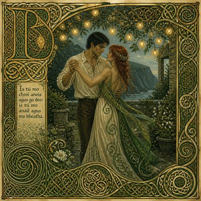 an original couple dancing under string lights in a garden at dusk: a man with short black hair in a linen shirt and a woman with braided red hair in a summer dress