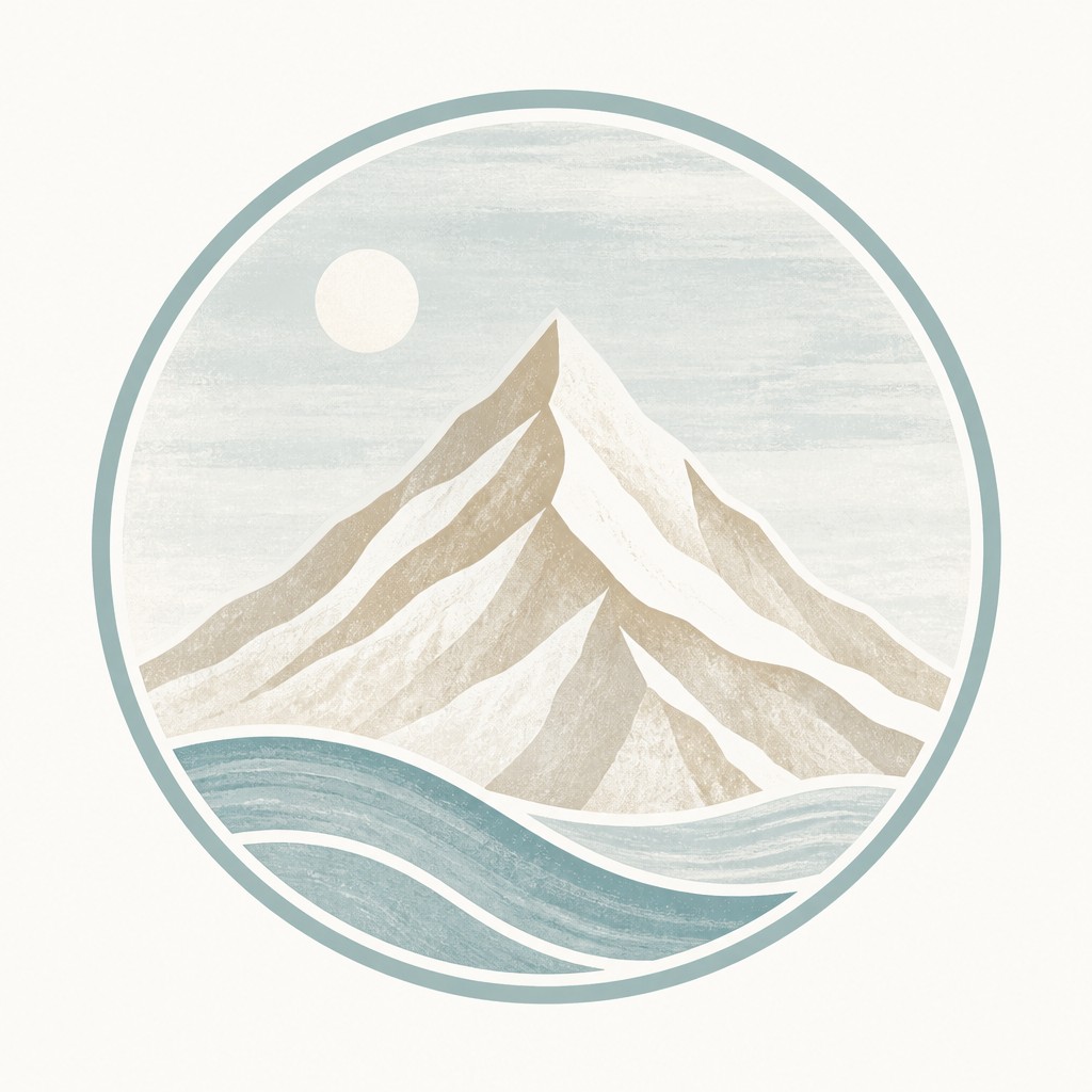 an emblem of a mountain peak inside a circle, simple bold shapes on a plain background, no text or lettering