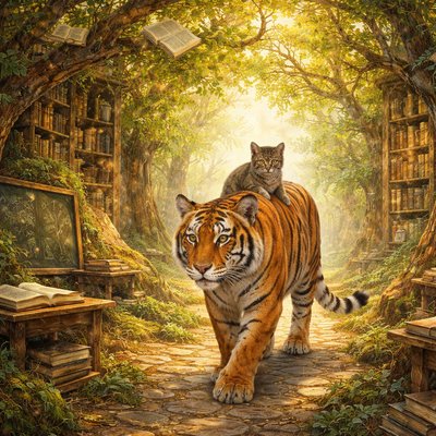 Art Style & Atmosphere: A richly detailed, cinematic fantasy photograph with a whimsical, storybook quality. The lighting is dappled and golden, filtering through a complex canopy, creating a serene and wondrous atmosphere.

The Subjects: A magnificent, large Bengal tigress with deep orange and black fur walks with a slow, confident stride through the center of the frame. Perched comfortably on her shoulder blades, looking around with wide-eyed curiosity, is a small tabby kitten with unusual, muted olive-green and brownish-grey striped fur.

The Environment (The Forest-Library): The setting is a seamless, magical fusion of an ancient woodland and a grand library.

    The Trees: Towering, gnarled trees have trunks that are not just bark, but carved wooden bookshelves packed tight with thousands of leather-bound books, scrolls, and codices.

    The Canopy: The "leaves" above are a mixture of real green foliage and open book pages fluttering in the breeze, creating a stained-glass effect with the sunlight.

    The Floor: The forest floor is a mix of moss, roots, and stacks of old books that look like natural rock formations or undergrowth.

    School Elements: Old, weathered wooden school desks are integrated into the landscape, some overgrown with ivy, holding open botanical textbooks. A large slate chalkboard, covered in arcane botanical diagrams, is embedded into a mossy rock face.

Composition: A wide-angle shot showing the scale of the environment as the tigress and kitten move along a path paved with worn flagstones and embedded encyclopedias.