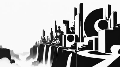 a cliffside city with waterfalls cascading into a misty canyon, wide establishing shot, no people, no text