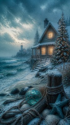 a snow-covered cottage with warm glowing windows beside a decorated pine tree, gentle snowfall, no text