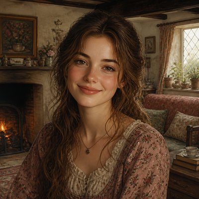 head-and-shoulders portrait of an original character: a young woman with wavy chestnut hair and a warm smile, plain soft backdrop