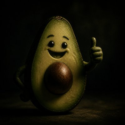 a happy avocado character giving a thumbs up, bold readable design on a plain background, no text