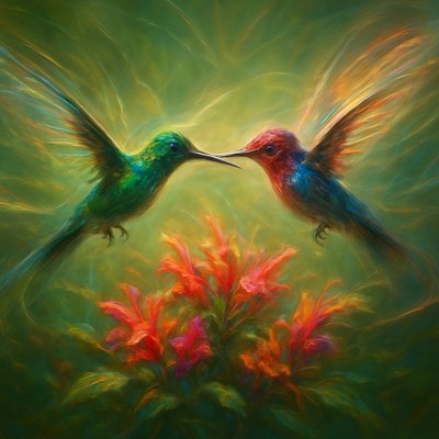 A breathtaking and dynamic close-up scene depicting two iridescent hummingbirds engaged in a vigorous mid-air duel over a cluster of vibrant, nectar-rich flowers. Their tiny wings are blurred into translucent arcs of motion, a testament to their incredible speed and agility, creating a frantic, energetic atmosphere.

One hummingbird, perhaps a brilliant emerald green, lunges forward, while the other, possibly a fiery ruby red or shimmering blue, hovers defensively, their long beaks pointed towards each other in a fierce territorial display. Their tiny, intense eyes are sharply focused on their opponent.

They are positioned directly above or fiercely guarding a cluster of brightly colored, inviting flowers, such as trumpet vines, fuchsias, or salvia, which are depicted with exquisite detail and rich, saturated hues, dripping with nectar. The background is a soft, dreamlike blur of lush green foliage and dappled sunlight, keeping the focus entirely on the intense aerial ballet. The lighting is bright and dramatic, catching the metallic sheen of their feathers and emphasizing their jewel-like colors. The overall mood is one of intense energy, fierce beauty, and natural competition dynamic illustration, vibrant fantasy art, exaggerated motion lines, glowing effects on iridescence, stylized flowers, energetic and fluid composition