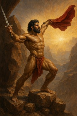 a painting of a man with a sword