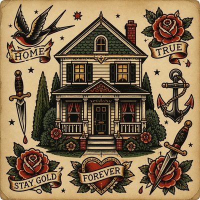 house with front view — Tattoo Flash Art Style