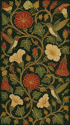 a climbing vine of flowers and hummingbirds on a dark background, tall wrapping composition, no text
