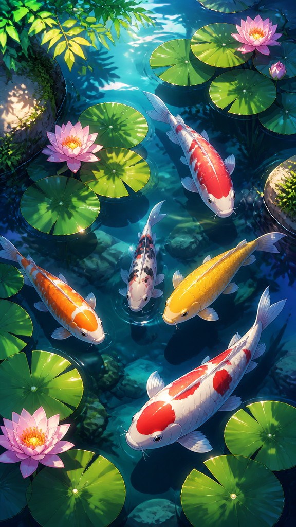 a koi pond with lily pads seen from above, no people