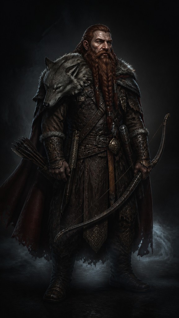 full-body original character: a dwarven ranger with a braided auburn beard, worn leather armor, a longbow and a wolf-pelt cloak, neutral background, no text