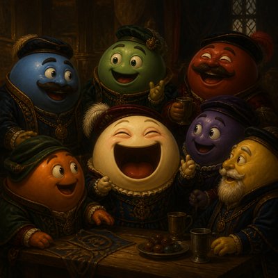 an exaggerated laughing face of an original round mascot character, bold and readable at small size, plain background, no text