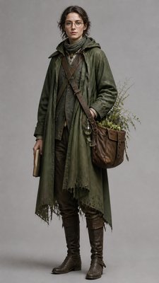 full-body original character: a wandering botanist with a satchel of plants, a patched green cloak, tall boots and round glasses, neutral background