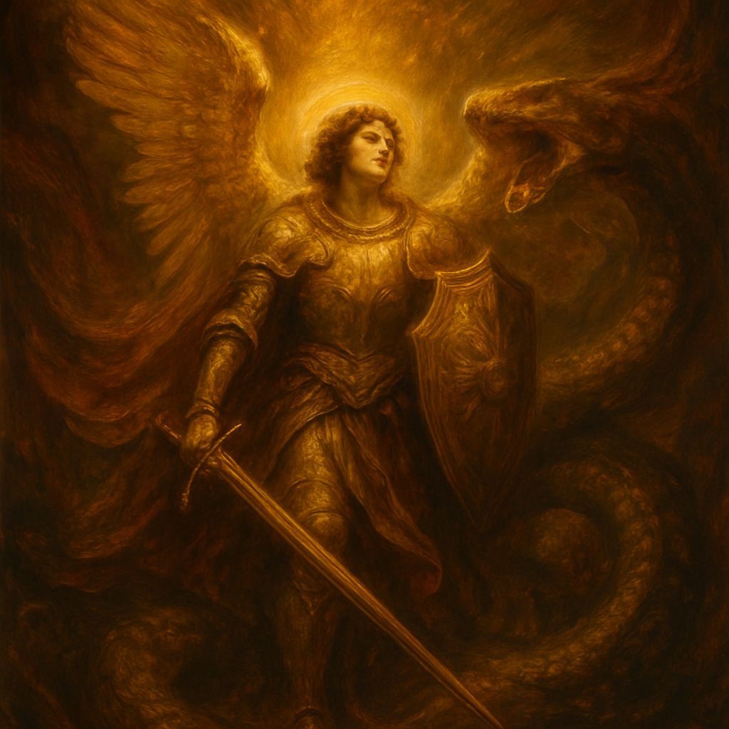 An Angel of God standing with full armor, sword, and shield, with massive wings, in front of a great serpent --chaos 50 --ar 3:4 --exp 10 --quality 2 --sref 2186594613 173014855 94742072 1895225188 --stylize 1000