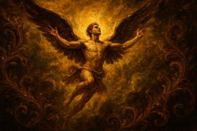 a painting of a man with wings in the air