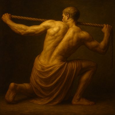 a painting of a man holding a rope