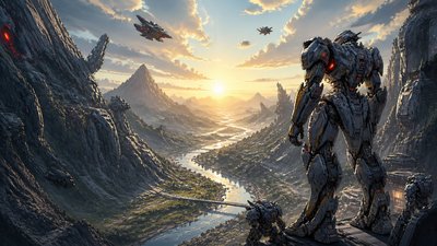 a vast valley with a river winding toward distant mountains at sunrise, no people, no text